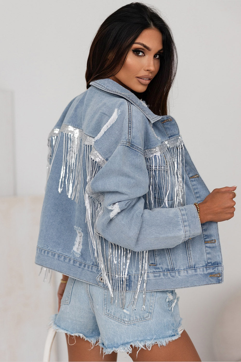 Sequin Fringe Trim Distressed Button Up Denim Jacket - Denim Jackets - FITGGINS