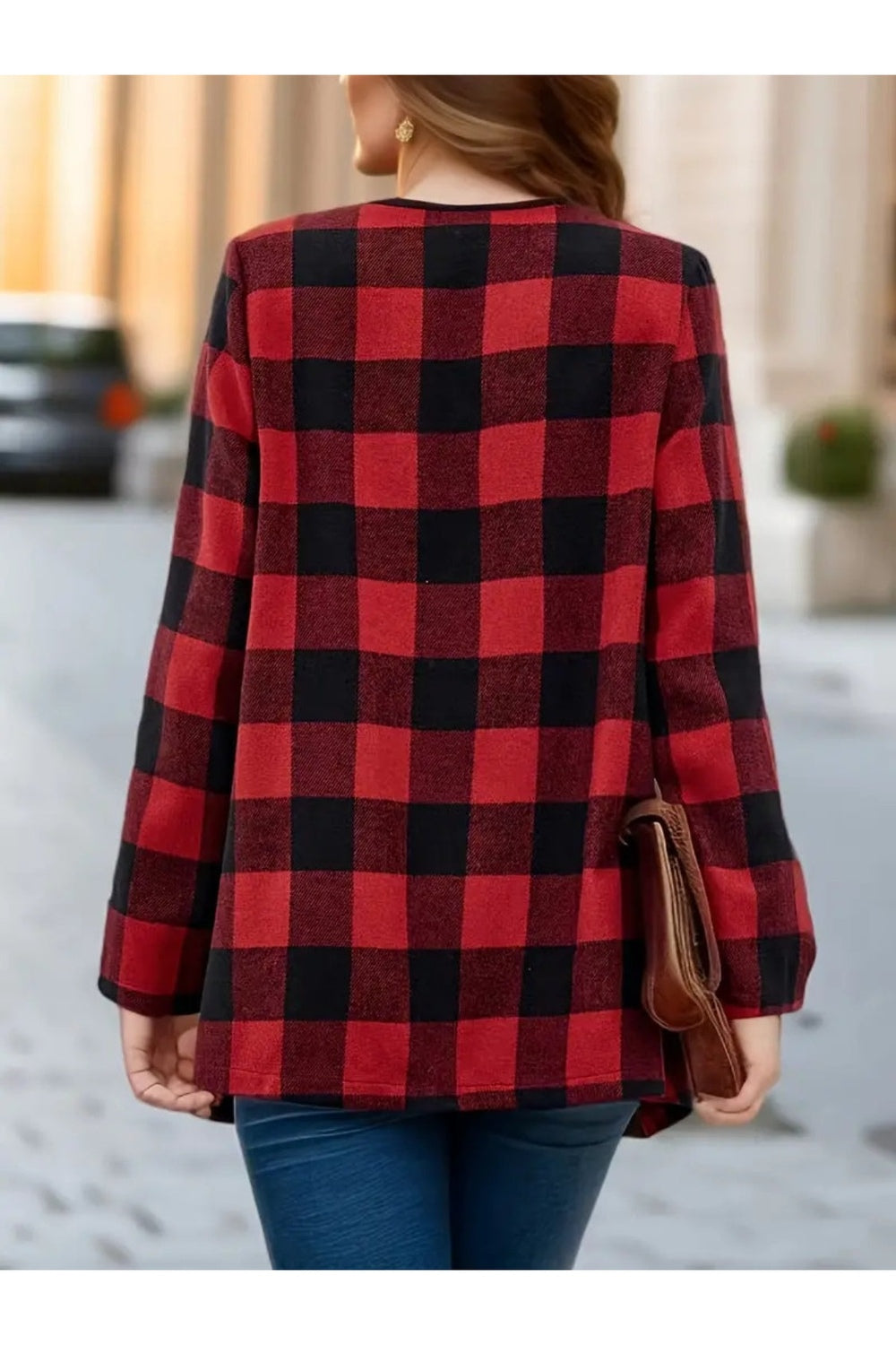 Plaid Open Front Long Sleeve Jacket - Jackets - FITGGINS