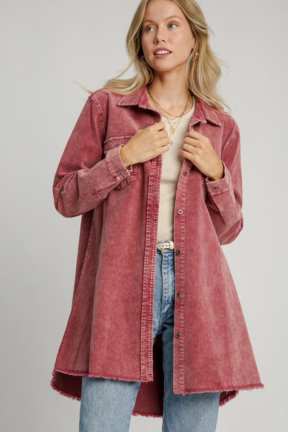 Umgee Raw Hem Button Down Denim Jacket with Chest Pockets - Denim Jackets - FITGGINS