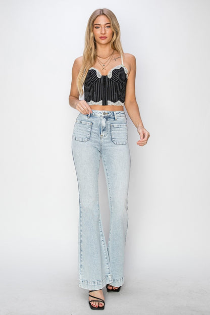 Risen Full Size High Rise Front Patch Pocket Flare Jeans - Jeans - FITGGINS