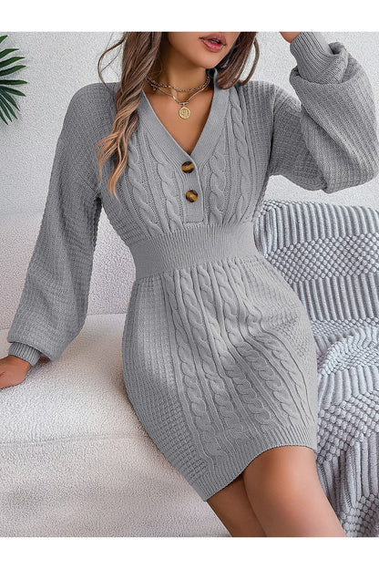 Buttoned Cable-Knit V-Neck Sweater Dress - Sweater Dresses - FITGGINS