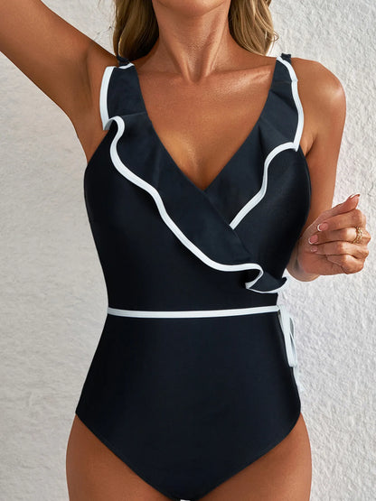 Ruffle Trim V-Neck One-Piece Swimsuit Fitggins