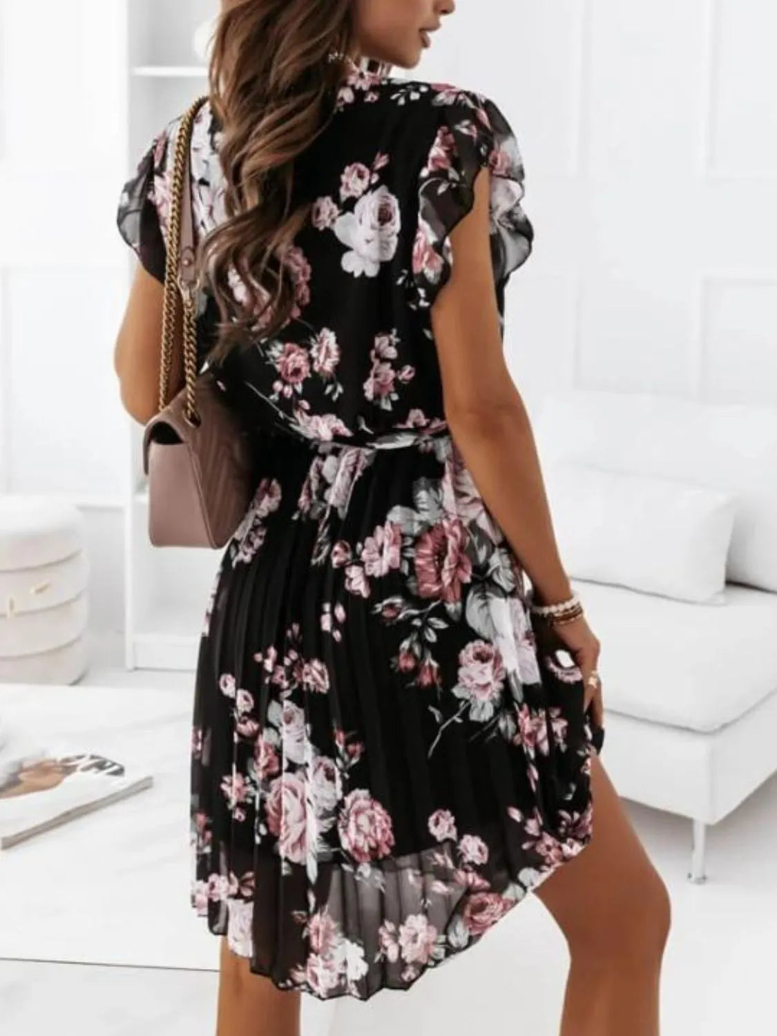 Floral Surplice Ruffled Cap Sleeve Dress Fitggins