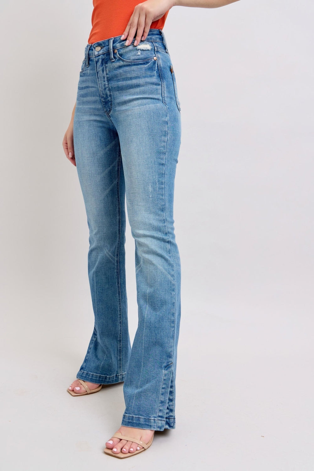 Judy Blue HW Tummy Control Vintage Wash Side Slit Slim Boot Jeans - Jeans - FITGGINS