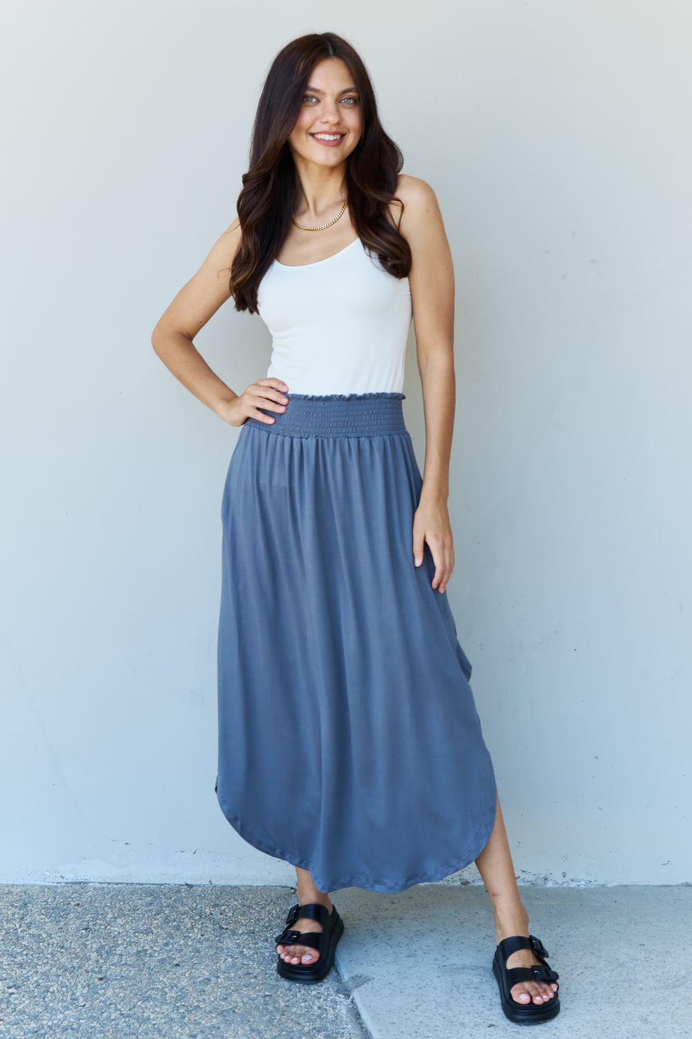 Doublju Comfort Princess Full Size High Waist Scoop Hem Maxi Skirt in Charcoal - Skirts - FITGGINS