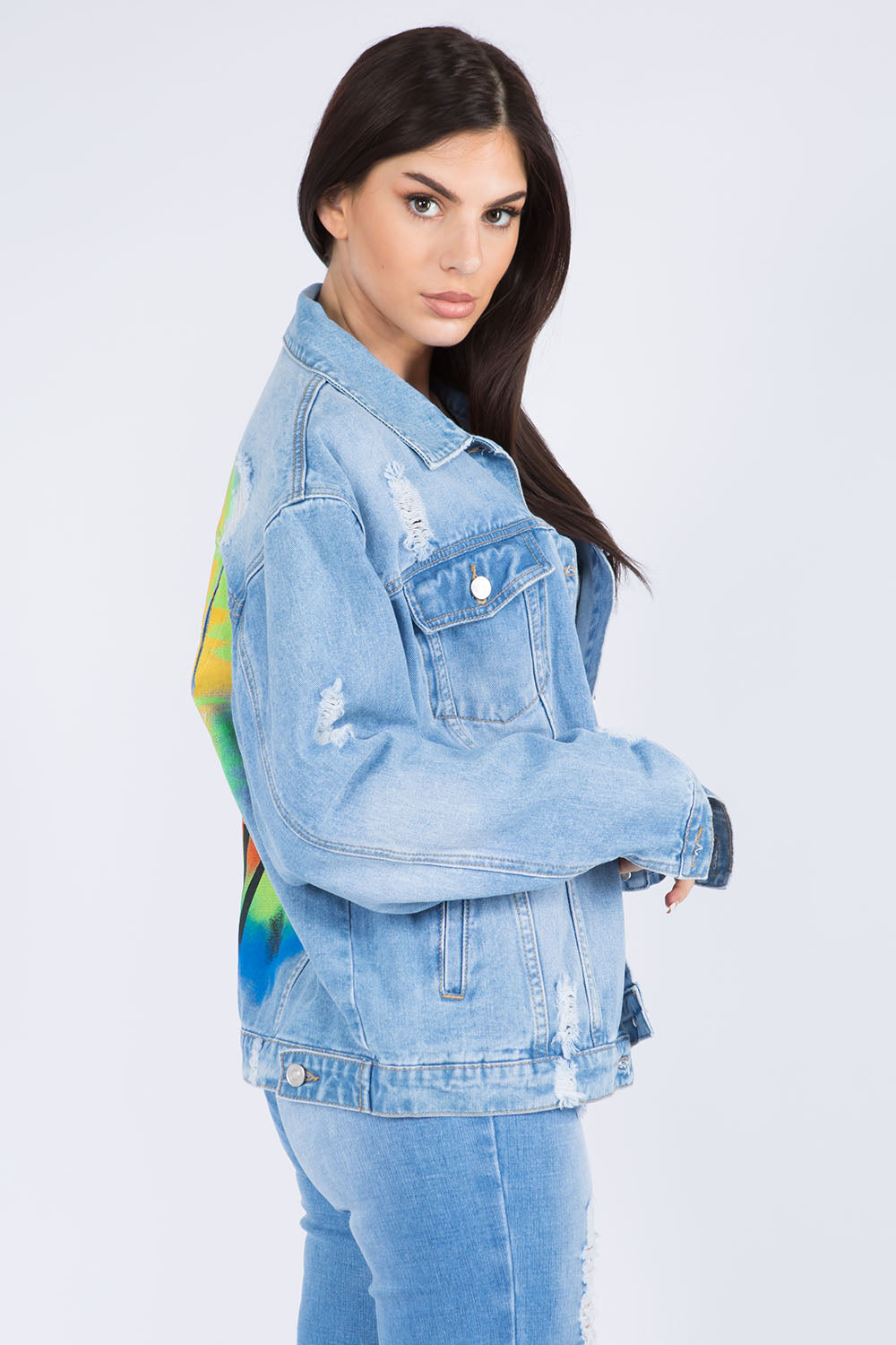 American Bazi Full Size Painted Back Distressed Denim Jacket - Denim Jackets - FITGGINS