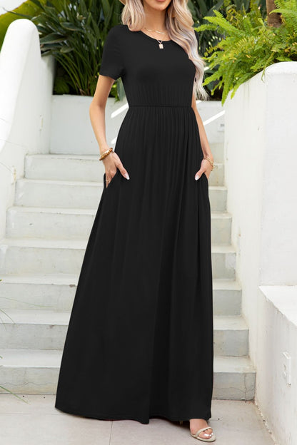 Round Neck Maxi Tee Dress with Pockets Fitggins