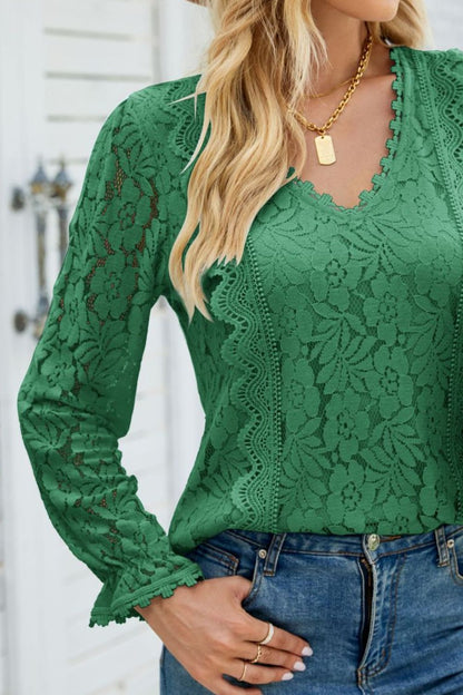 V-Neck Flounce Sleeve Lace Top Fitggins