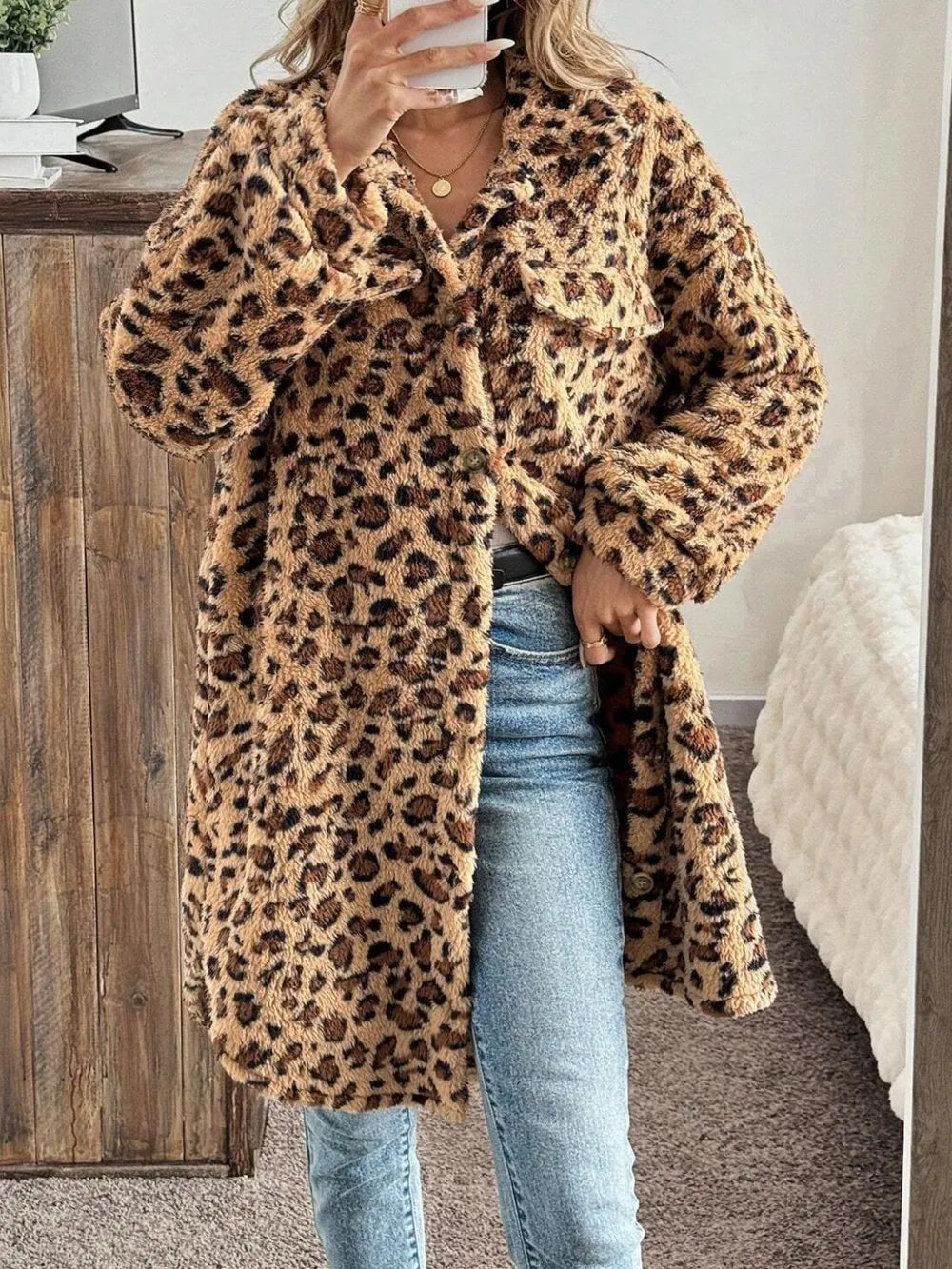 Leopard Button Up Long Sleeve Fuzzy Coat Leopard Fitggins