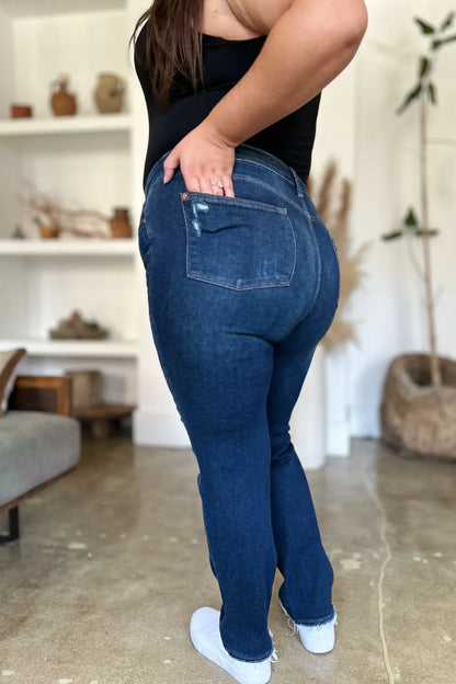 Judy Blue Full Size High Waist Rigid Magic Heavy Destroy Straight Jeans Fitggins