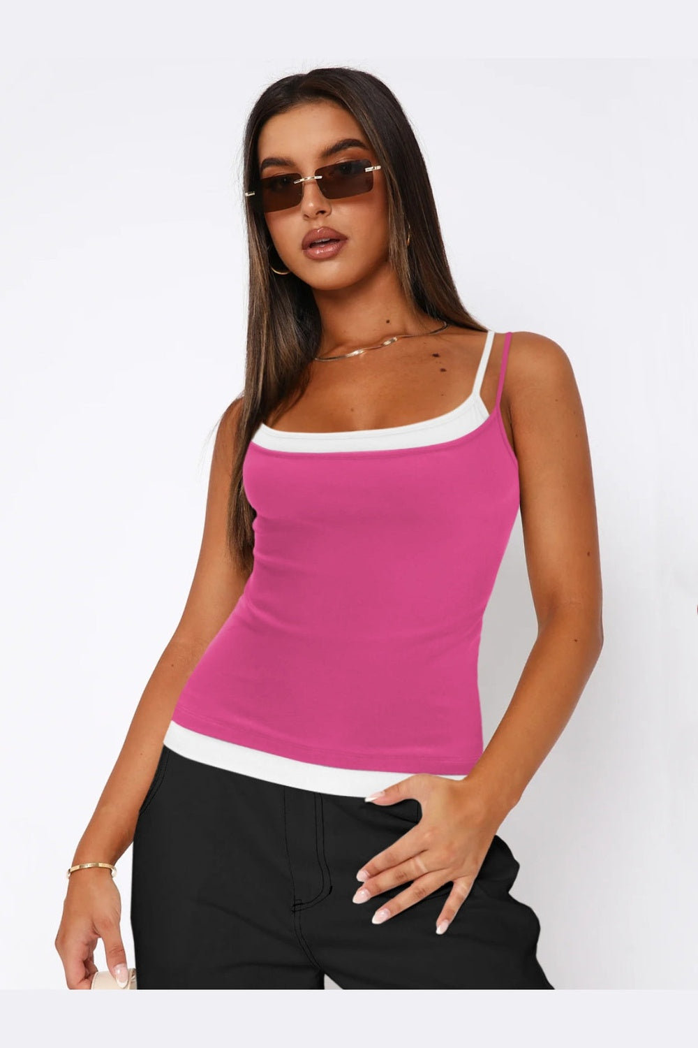 Faux Layered Square Neck Cropped Cami - Crop Tops & Tank Tops - FITGGINS