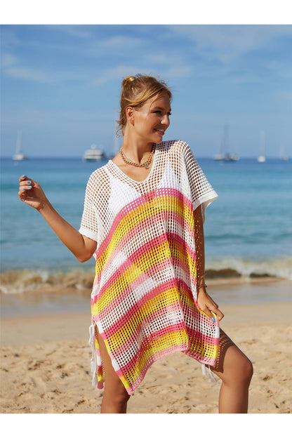 Cutout Striped Cover-Up with Tassel - Cover-Ups - FITGGINS