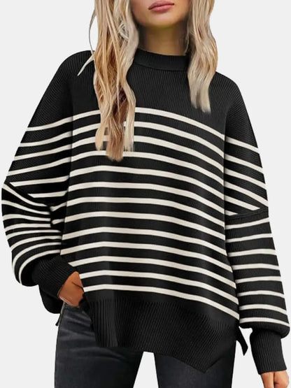 Round Neck Drop Shoulder Slit Sweater Black White Fitggins
