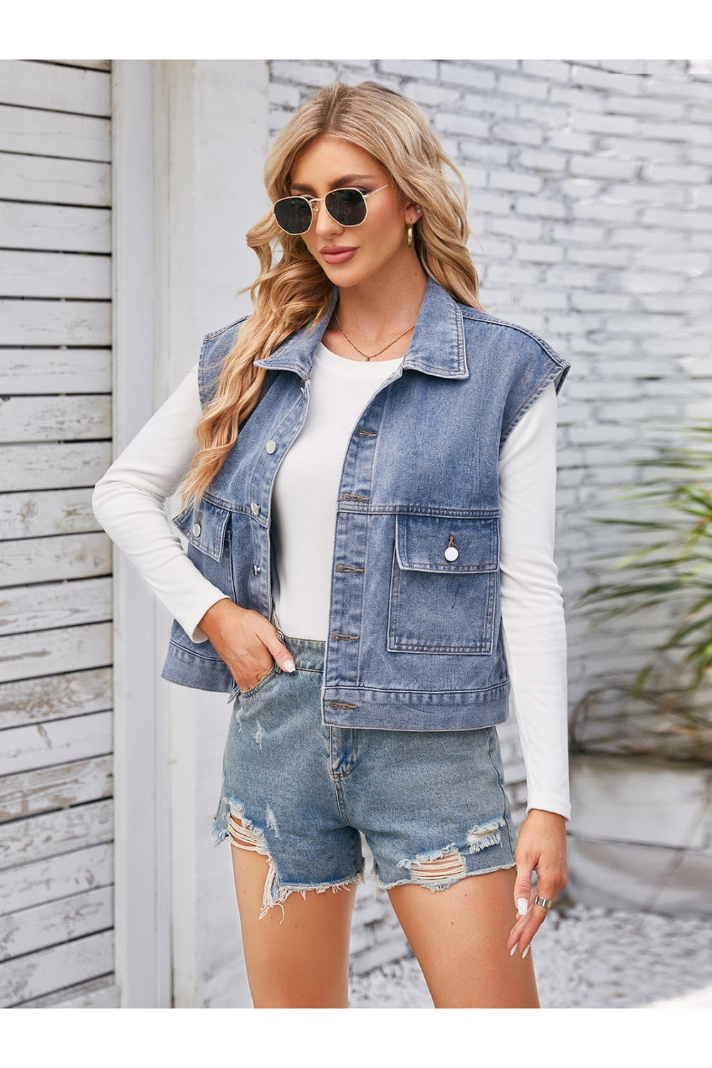 Cap Sleeve Denim Jacket with Pockets - Denim Jackets - FITGGINS