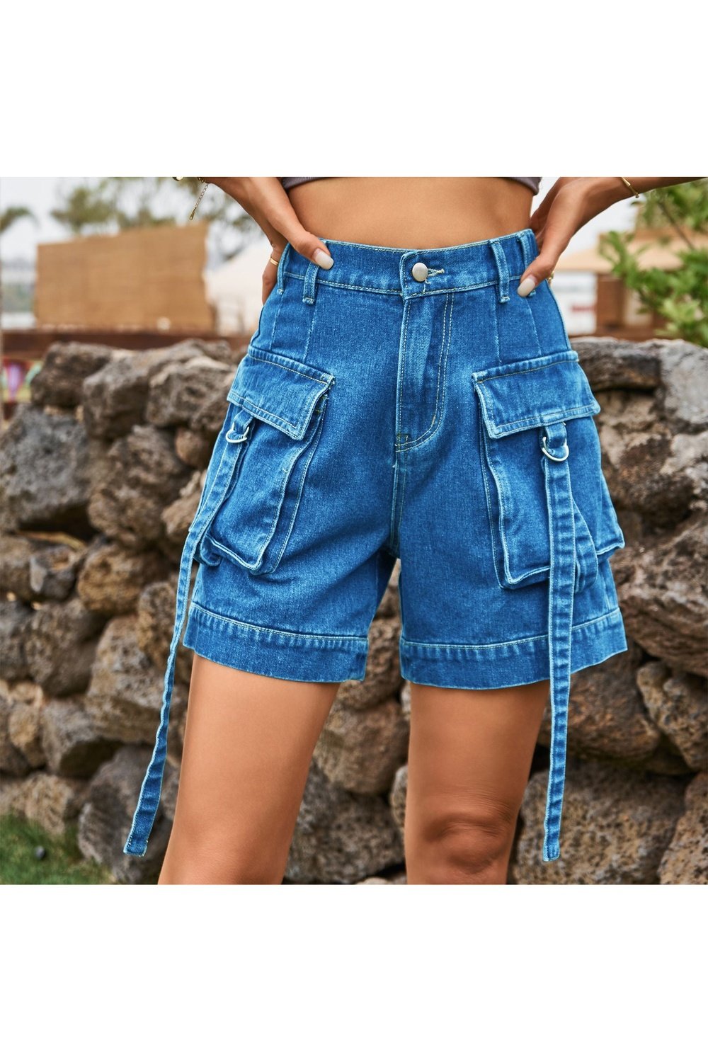 High Waist Denim Cargo Shorts - Denim Shorts - FITGGINS