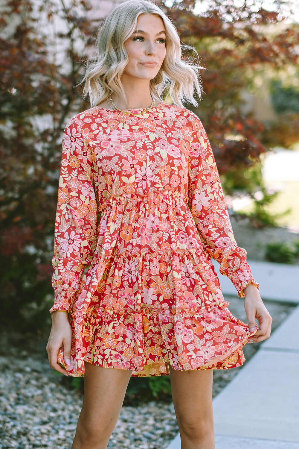 Floral Print Round Neck Long Sleeve Tiered Dress - Casual & Maxi Dresses - FITGGINS