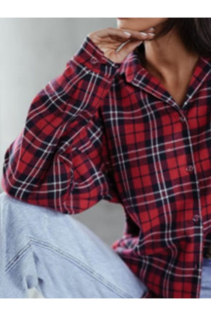 Plaid Collared Neck Long Sleeve Shirt - Shirts - FITGGINS