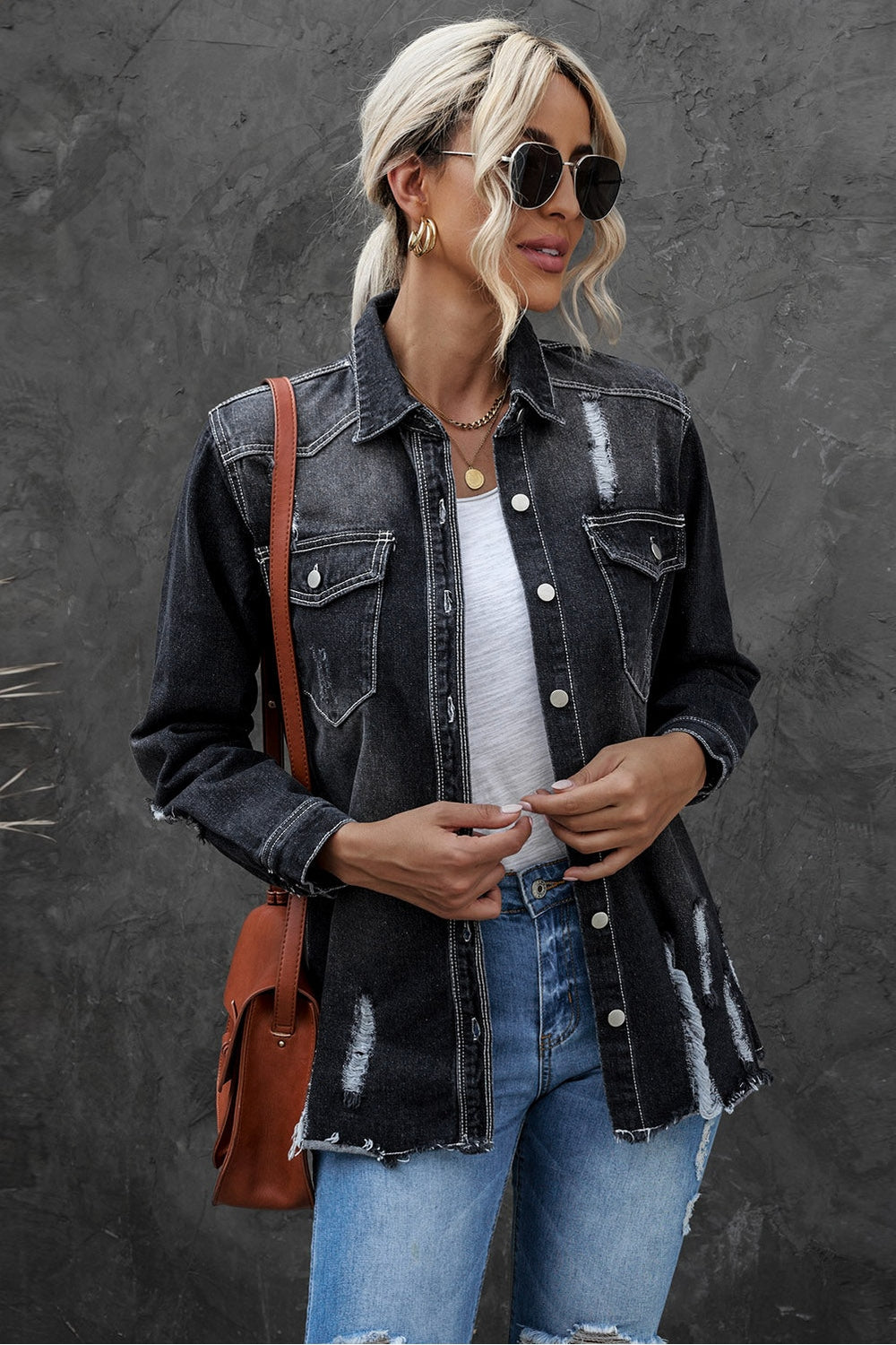 Distressed Button Up Raw Hem Denim Jacket - Denim Jackets - FITGGINS