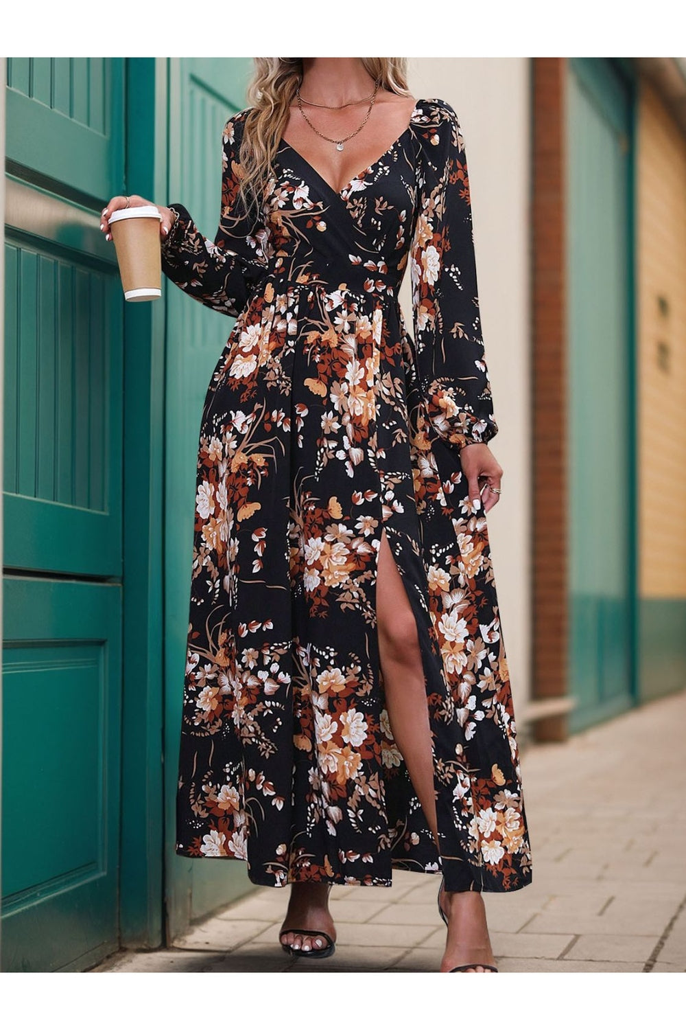 Perfee Slit Printed Surplice Long Sleeve Maxi Dress - Casual & Maxi Dresses - FITGGINS