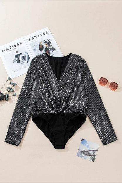 Sequin Surplice Long Sleeve Bodysuit - Bodysuit - FITGGINS