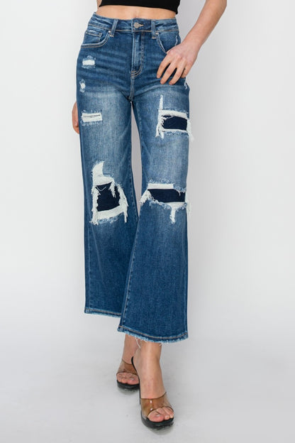 Risen Full Size High Rise Patch Detailed Wide Leg Crop Jeans - Jeans - FITGGINS