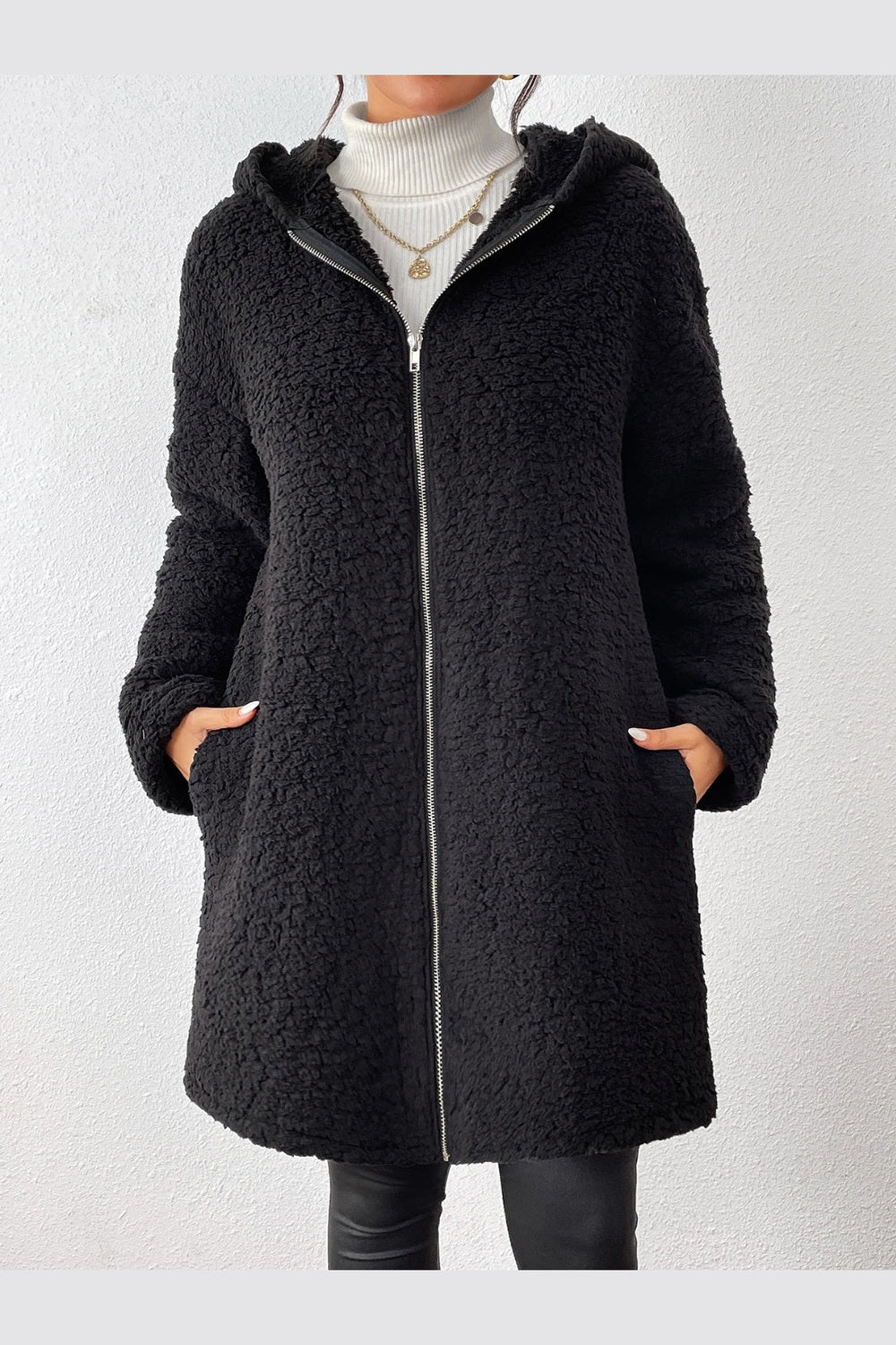 Zip Up Long Sleeve Sherpa Hooded Coat - Jackets - FITGGINS