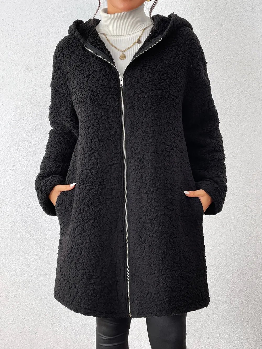 Zip Up Long Sleeve Sherpa Hooded Coat Black Fitggins