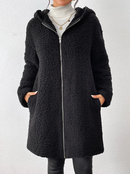 Zip Up Long Sleeve Sherpa Hooded Coat Black Fitggins