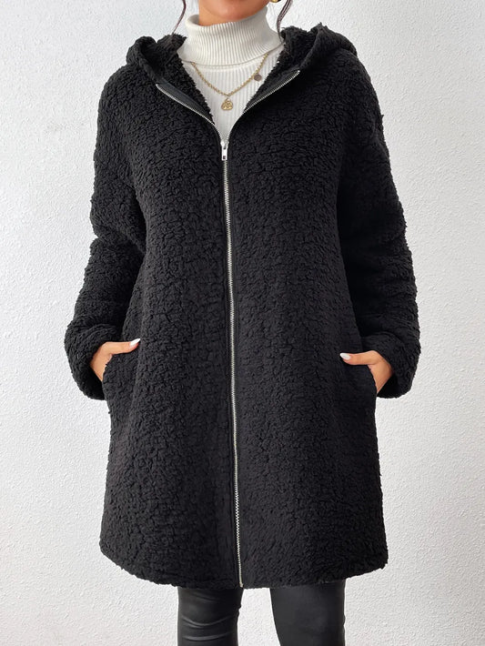 Zip Up Long Sleeve Sherpa Hooded Coat Black Fitggins