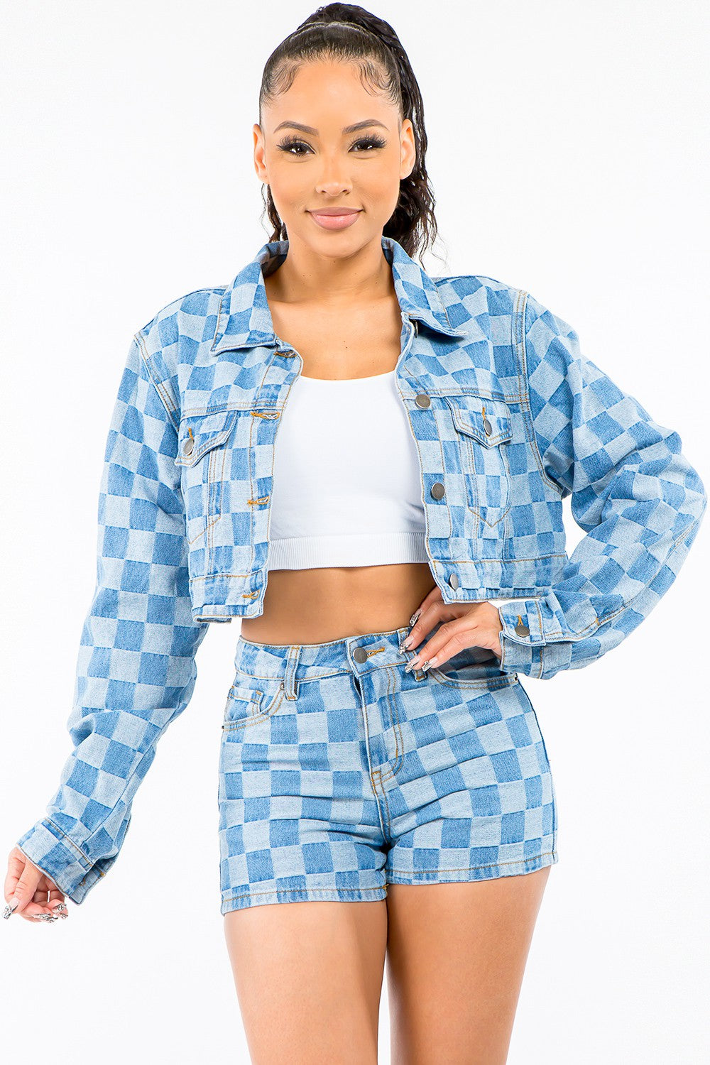 American Bazi Checkered Long Sleeve Cropped Denim Jacket - Denim Jackets - FITGGINS