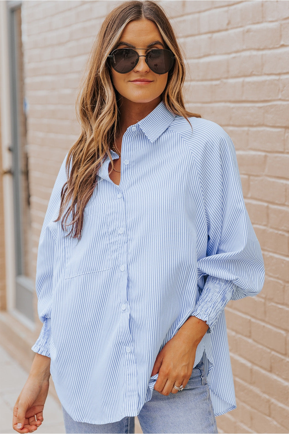 Striped Lantern Sleeve Collared Shirt - Shirts - FITGGINS