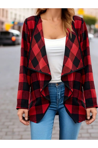 Plaid Open Front Long Sleeve Jacket - Jackets - FITGGINS