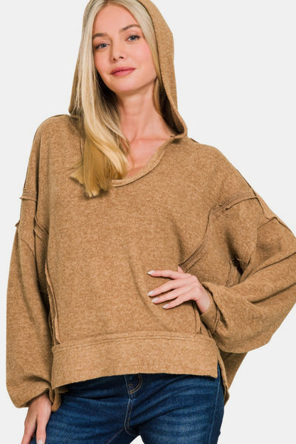 Zenana Brushed Hacci Exposed Seam Hoodie - Sweatshirts & Hoodies - FITGGINS