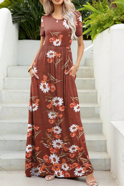 Printed Round Neck Short Sleeve Maxi Dress Fitggins