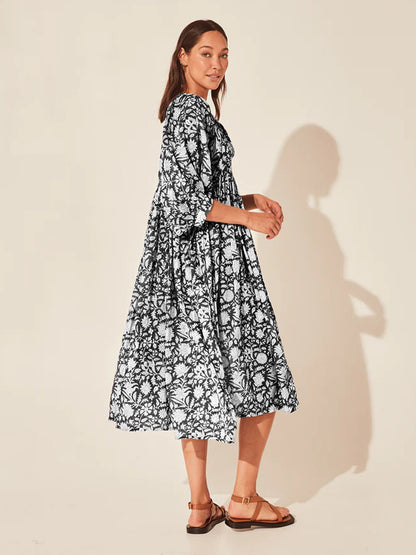 Floral Tie Neck Lantern Sleeve Dress Fitggins