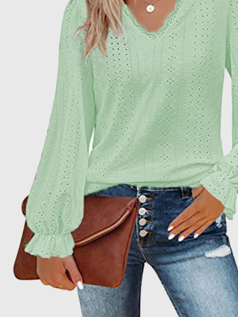 Eyelet V-Neck Flounce Sleeve Blouse Fitggins