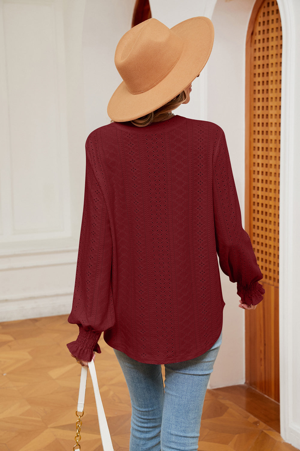 Notched Neck Flounce Sleeve Blouse Fitggins