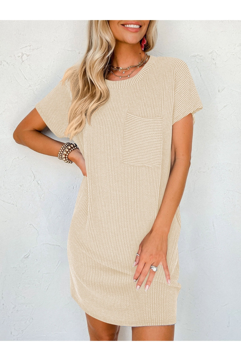 Round Neck Short Sleeve Mini Dress - Casual & Maxi Dresses - FITGGINS