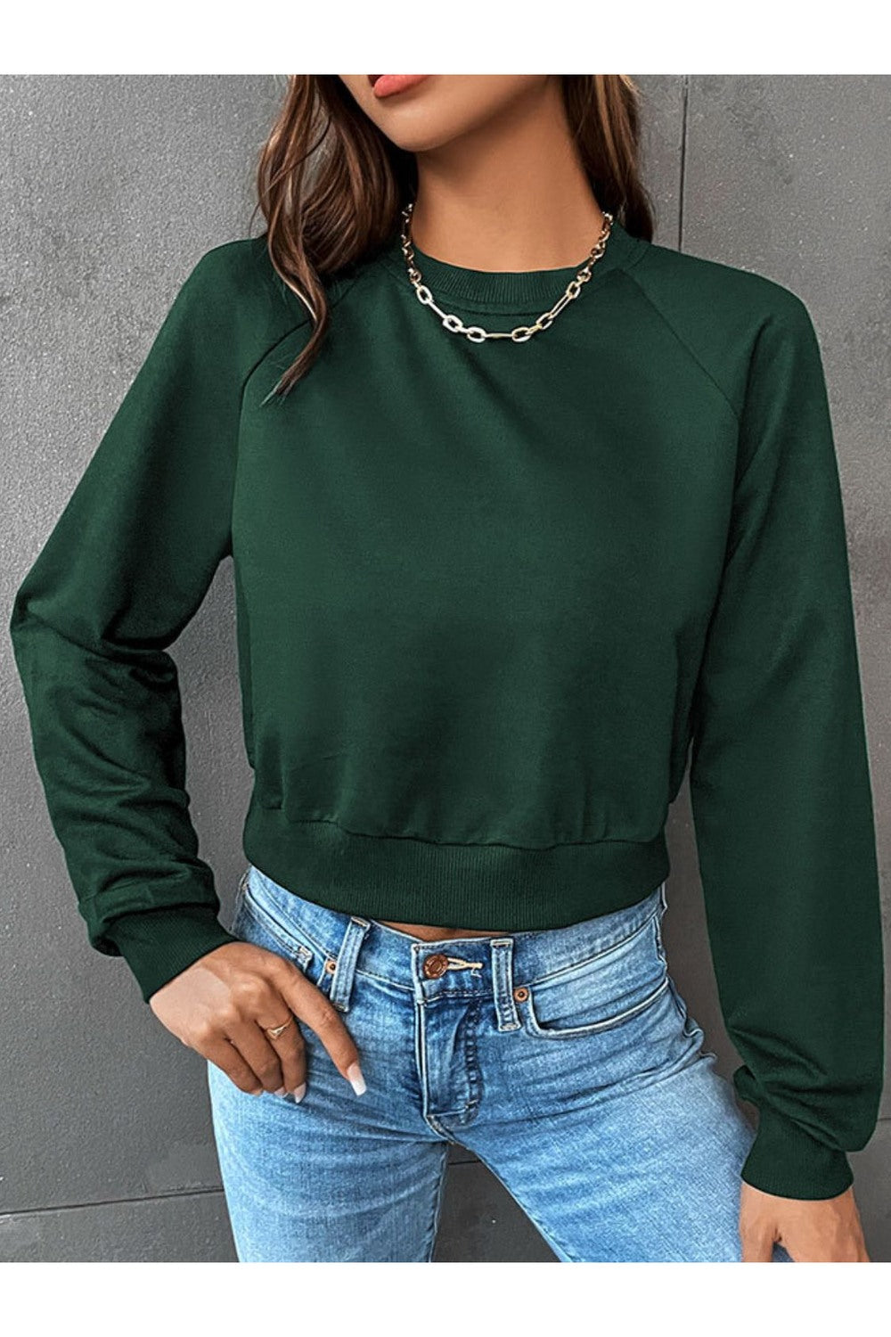 Perfee Raglan Sleeve Round Neck Cropped Sweatshirt - Sweatshirts & Hoodies - FITGGINS