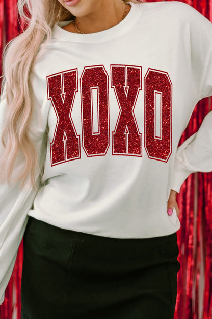 Valentine’s Day XOXO Glitter Round Neck Sweatshirt - Sweatshirts & Hoodies - FITGGINS