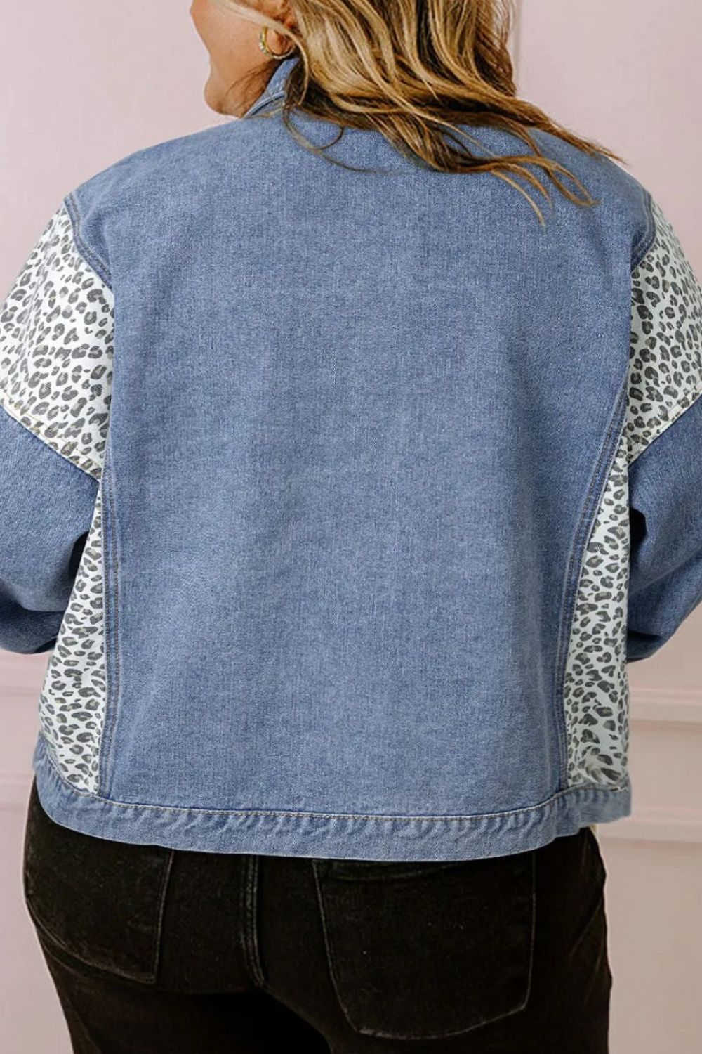 Plus Size Leopard Long Sleeve Denim Jacket - Denim Jackets - FITGGINS