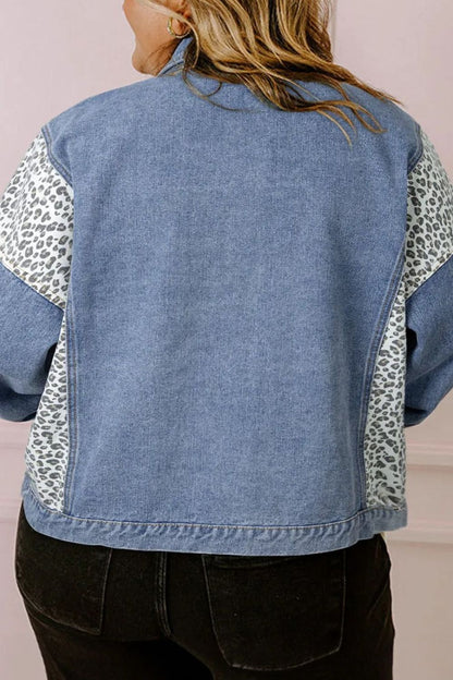 Plus Size Leopard Long Sleeve Denim Jacket - Denim Jackets - FITGGINS