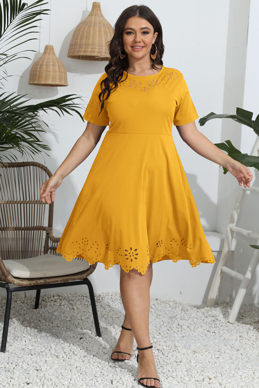 Plus Size Round Neck Openwork Dress - Casual & Maxi Dresses - FITGGINS