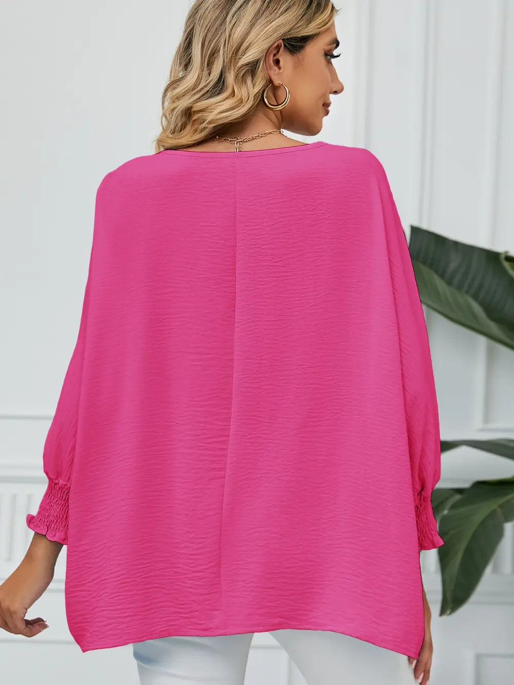 Smocked Lantern Sleeve Round Neck Blouse Fitggins