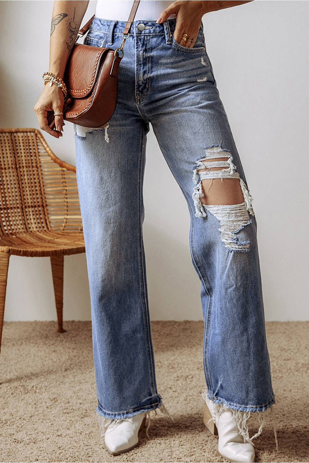 Distressed Straight Leg Jeans with Pockets - Jeans - FITGGINS