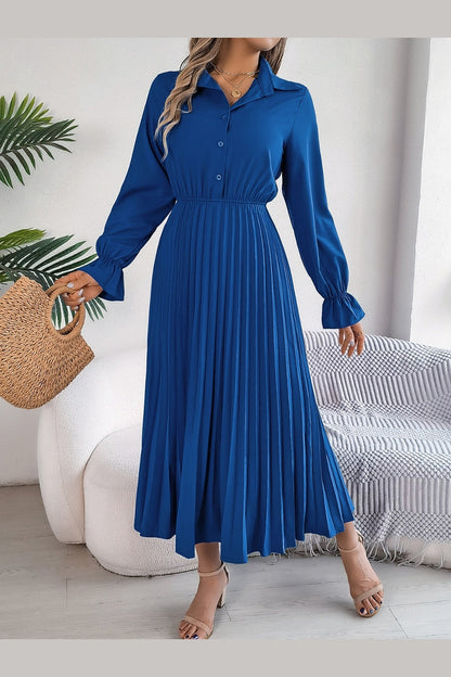 Pleated Half Button Long Sleeve Midi Dress - Casual & Maxi Dresses - FITGGINS