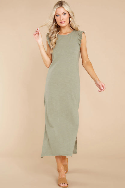 Ruffled Slit Round Neck Cap Sleeve Dress - Casual & Maxi Dresses - FITGGINS