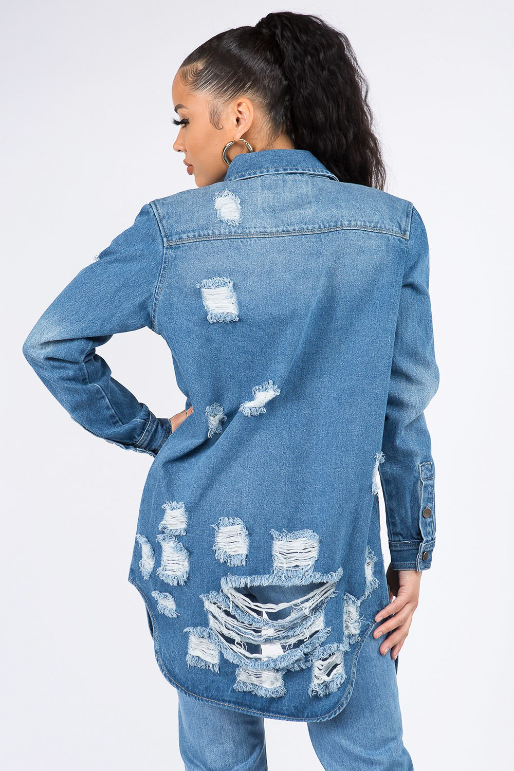 American Bazi Distressed Button Down Denim Shirt Jacket - Denim Jackets - FITGGINS