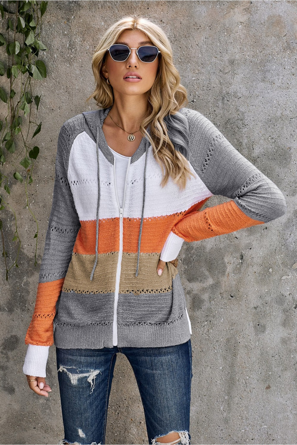 Zip-Up Raglan Sleeve Openwork Hooded Cardigan - Sweatshirts & Hoodies - FITGGINS