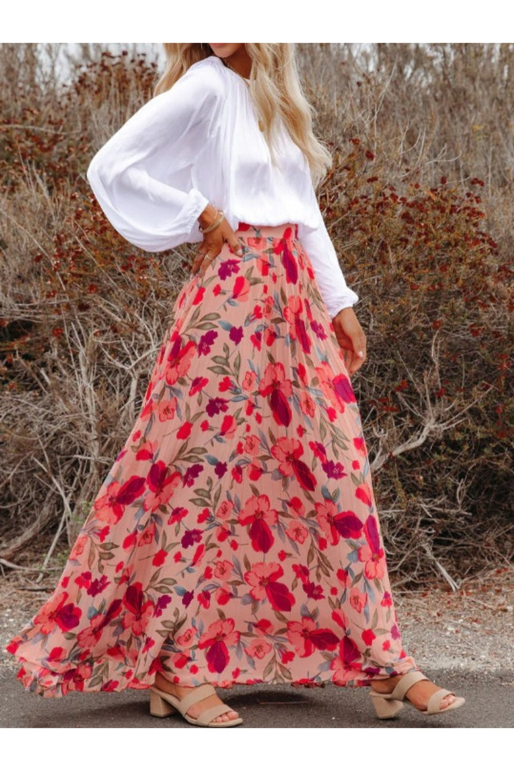 Pleated Maxi Skirt with Elastic Waist Fitggins